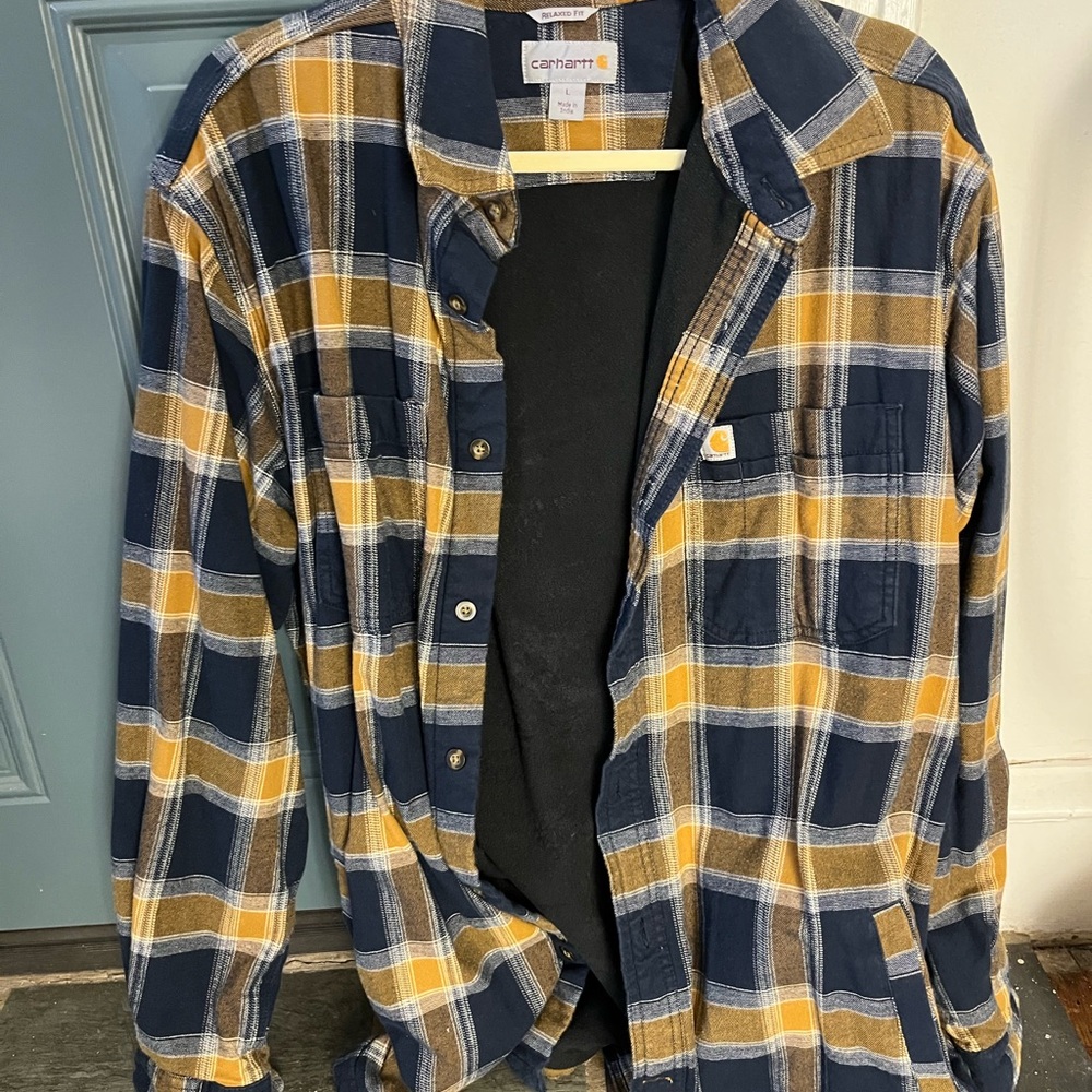 Carhartt Navy and Mustard Plaid Shirt- Fleece Lining
